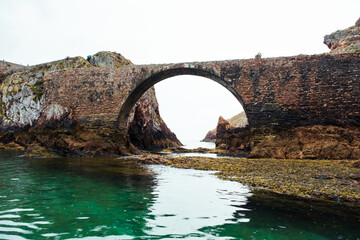 São João Batista fort of the Berlenga Islands of Portugal. Arches of the marine structure. Castle in the middle of the water in the Iberian Peninsula.