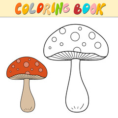 Mushroom coloring book or page for kids. Cute Fungus black and white vector illustration