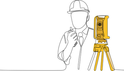 Close up of Caucasian worker with helmet on head using tablet for work while standing in warehouse. Surveyor with a tripod icon. Geodesic tripod. Vector illustration