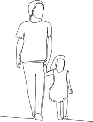 Simple continuous line drawing of mom and she daughter go to holiday together. creative, productive man.