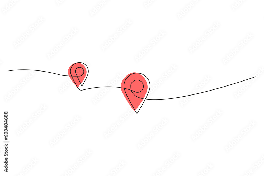 Poster continuous one line drawing of path and location pointers. two points in thin linear style. gps navi
