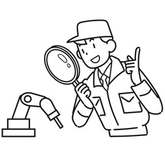 虫メガネを覗き込んで工業用ロボットを調べている作業着の男性