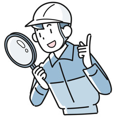 虫メガネを覗き込んで調べている作業着の男性の上半身