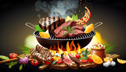 Grilled meat. Barbecue Banner. AI generated