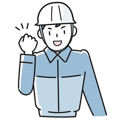 ガッツポーズをする作業服を着た若い男性