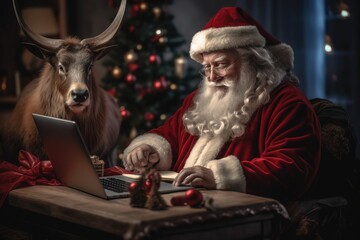 Obraz premium Workplace of Santa Claus. Cheerful Santa is reading letters from children while sitting at the table