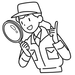 虫メガネを覗き込んで調べている作業着の女性の上半身