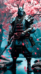 A samurai holding a weapon standing amongst cherry blossom trees.