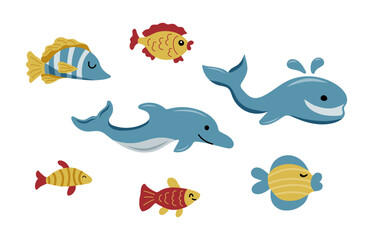 Nautical vector illustration set with dolphin, whale and fishes.