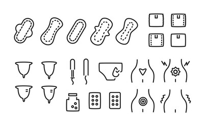 生理、生理用品を表すイラストのセット/月経/ナプキン/月経カップ/タンポン/ピル/サニタリーショーツ/ベクター/アイコン/要素/モノクロ
