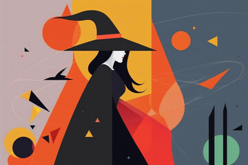Witch Wearing a Pointy Hat Occult Magick Witchcraft Halloween Mystical Spiritual Modern Minimal Geometric Shapes Vector Illustration Generative AI