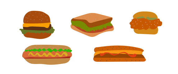 Vector illustration Hamburger Icon, Hotdog and Sandwich