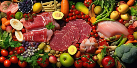 different type of meats laying in supermarket, different vegetables and fruits around them, look from above