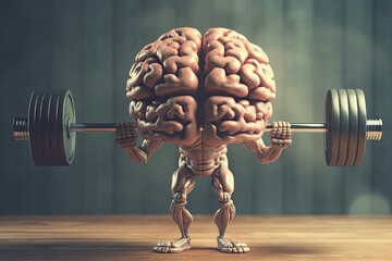 Human brain lifting weights. 3D brain lifting a heavy dumbbell. Mind training, memory health, Alzheimer's prevention, brain training