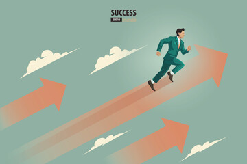 Business arrows concept with businessman with suit running to success. acceleration for gain a profit sales. background vector illustration