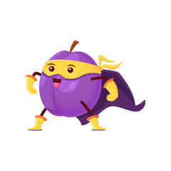 Cartoon plum fruit superhero character, isolated vector damson super hero personage in cape, boots, gloves and mask. Funny fairytale prune vigilante, fantastic healthy food, smiling plant for kid menu