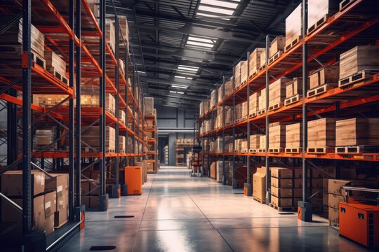Smart, Automated And Organized Warehouse Interior Showcases Efficiency In Logistics And Supply Chain Management. Effective Inventory Control, Order Fulfillment, And Space Optimization 