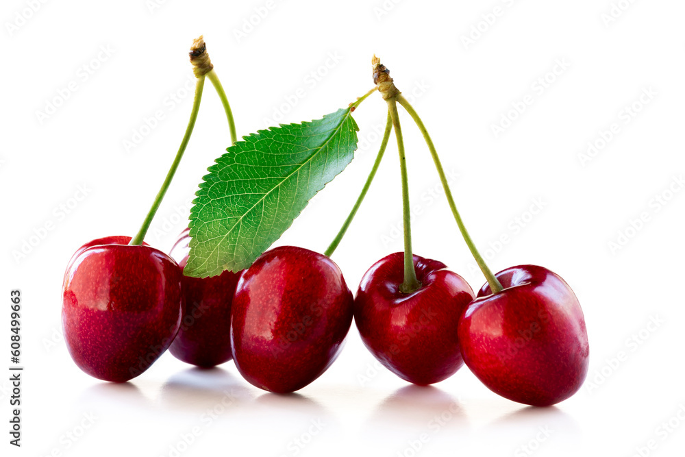 Wall mural red cherries isolated on white background. studio shot with shadow - Wall murals