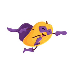 Cartoon mango fruit superhero character, vector super hero personage in cape and mask flying with raised arm. Funny cheerful fairytale healthy food, brave tropical mango ready for adventure feat