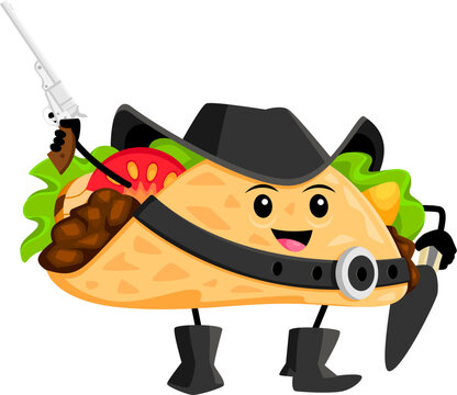 Cartoon fast food taco cowboy, sheriff character. Mexican cuisine meal Texas bandit cheerful character, taco western sheriff or Wild West ranger funny vector mascot or comical personage with pistol