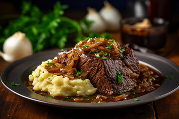 A hearty plate of sauerbraten-tender pot roast marinated in a flavorful blend of spices, served with buttery mashed potatoes and caramelized onions. (Generative AI)