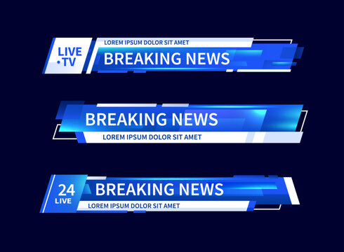 Lower Third Header, Tv Headline, News Bar. Vector Video Title Or Television Information Lines. Modern Colorful Blue And White Neon Graphic Overlay Isolated Template. Broadcast Strips, Layout With Text