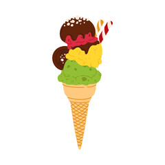 Fruity icecream in waffle cone, tasty summer dessert. Vector sweet frozen ice-cream scoop, fastfood snack. Gelato or sundae ice cream, ice ball in wafer
