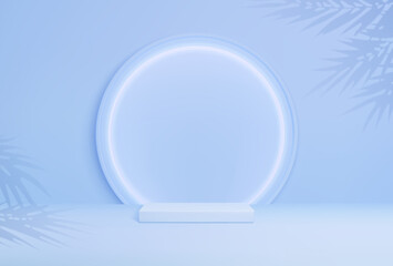 Blue round podium with palm leaves. Exhibition gallery mockup pedestal, cosmetics product presentation empty display podium or studio showroom stand realistic vector background with leaves shadows