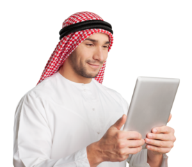 Arab man reading a digital tablet