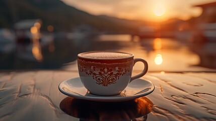 cup of coffee on table in front of the beach