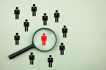 Choosing a good leader. Search with a magnifying glass. Leadership development, recruitment and prospecting concept, HRM or Human Resource Management. Selection boss