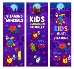 Cartoon vitamin and micronutrient wizards, mages and sorcerers. Vector kids Halloween banners with B5, P and B3, B9, B2, U, K and E, B5, D, C, B1 and B6 capsules personages cast spells in night forest - obrazy, fototapety, plakaty