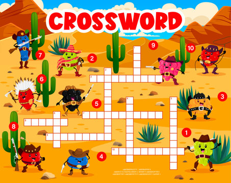 Crossword quiz game grid. Western cartoon berry cowboy, sheriff, ranger and bandit characters. Crossword vector worksheet with strawberry, honeyberry, rosehip and blueberry, cowberry funny personages