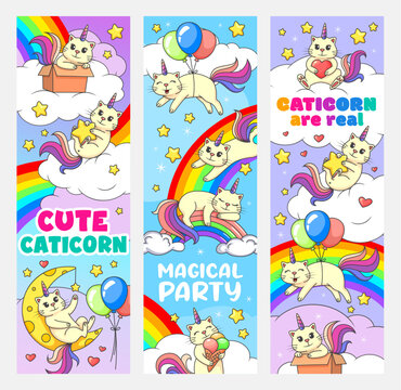 Cartoon cute caticorn cats and kitty characters on rainbow. Kids party vector vertical banners with fairytale cheerful kitten with unicorn horns, cute caticorn personages playing on rainbow and clouds