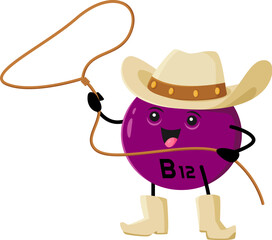 Cartoon vitamin B12 cowboy character with lasso, Wild West ranger, vector kids mascot. Funny cute vitamin B12 in western cowboy hat and Texas boots with lasso, cartoon character of multivitamins