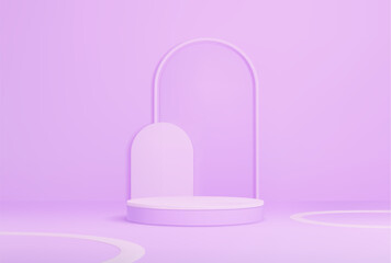 Purple podium with arch, realistic 3d platform or pedestal mockup for showcasing cosmetics during presentation. Professional and sleek vector background for promoting beauty or skincare products