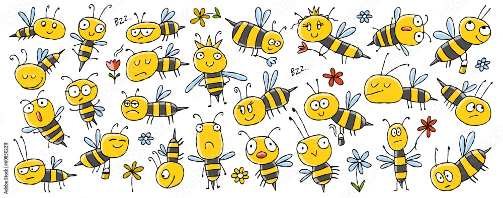 Wall mural funny bees family. beehive for your design. horizontal print background