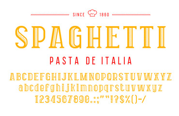 Italian pasta font or type, kitchen typeface, retro alphabet. Vector spaghetti word, Italy national cuisine food typography letters and numbers. Retro yellow pasta abc font with hatching