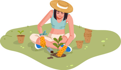 Gardener or farmer woman character planting plants at garden, vector agriculture, gardening or farming. Cartoon cheerful girl personage planting seedlings of flowers or vegetables with garden shovel