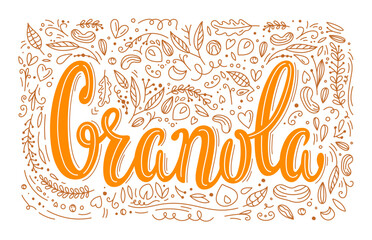 Granola. Cereal food label for organic oatmeal breakfast, muesli or nuts bar. Granola sticker with vector doodles of oats, nut grains and dry fruits, seeds, cereal spikelets, leaves, branches, hearts
