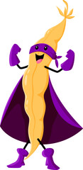 Obraz na płótnie Canvas Cartoon soya bean and legume superhero character. Legume strong defender, isolated healthy food cute warrior or superhero comical vector personage. Soya beam hero cheerful character or mascot