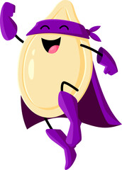Cartoon pumpkin seed superhero character. Vector personage dressed in purple costume with mask and cape flies through the air, cracking jokes and battling villains with the power of his nutty strength