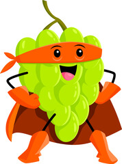 Cartoon grapes superhero and defender character with a muscular body, orange mask, and cape. Isolated vector fun and playful personage with power comes from nutrients and antioxidants found in grape