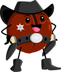 Cartoon macadamia nut ranger or sheriff character. Funny vector cowboy whole seed wear hat, star badge, belt, boots and guns. Wild west police officer hero, western grain personage on guard of the law