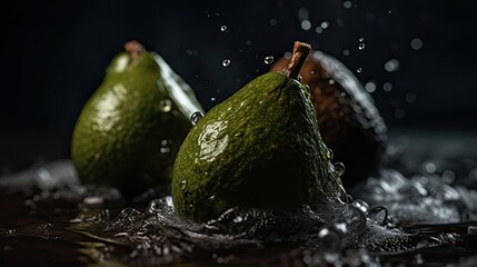 Fototapeta na wymiar avocado fruits hit by splashes of water with black blur background and perfect viewing angle