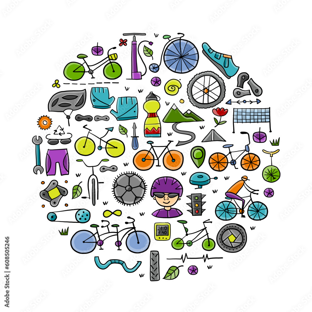Aufkleber bicycle time. types of bicycles, tools and spare parts. abstract circle frame for your design