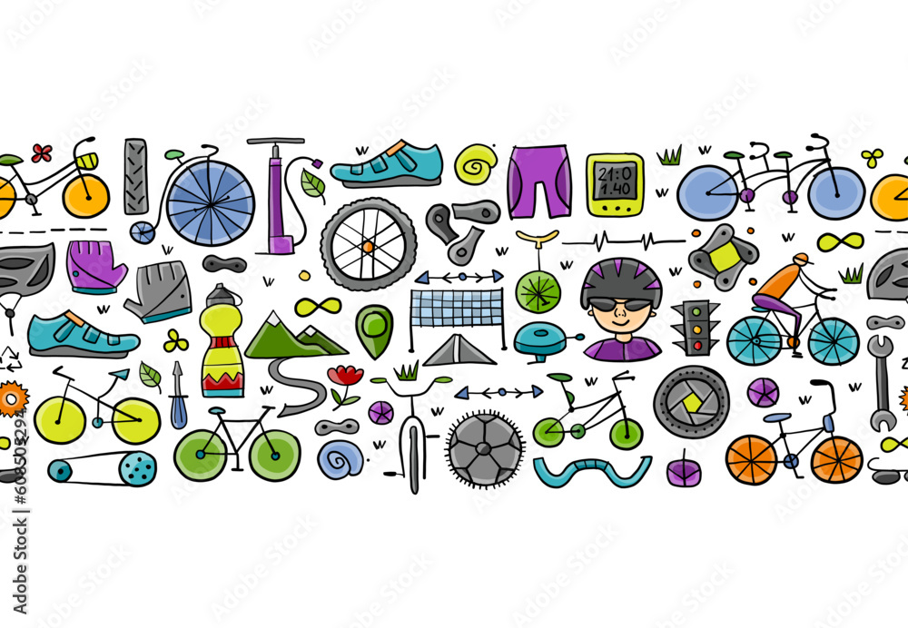 Aufkleber Bicycle time. Types of bicycles, tools and spare parts. Horizontal seamless pattern background for your design