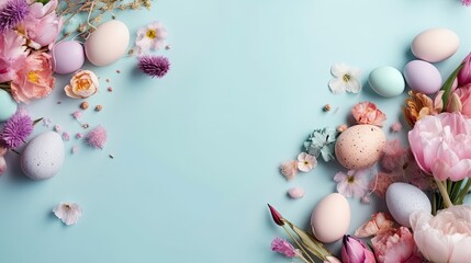 Fototapeta na wymiar Top View of Happy Easter Day banner concept design of colorful eggs and plants