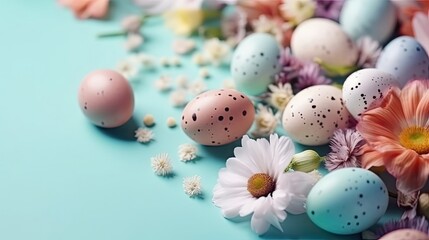 Fototapeta premium Top View of Happy Easter Day banner concept design of colorful eggs and plants
