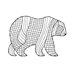 Bear character with stripe and plaid abstract ornament isolated on white